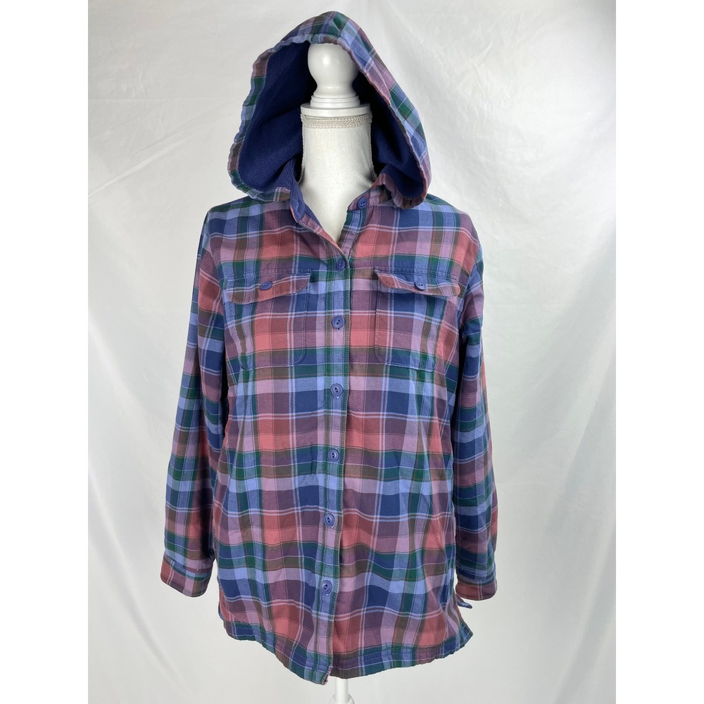 LL Bean Women Small Fleece Lined Hoodie Shacket Button Up Shirt Purple Pockets
